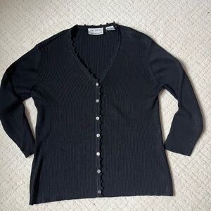 Black Ribbed Button-Up Cardigan  Minimalist Chic Classic Wardrobe 100% Silk SM